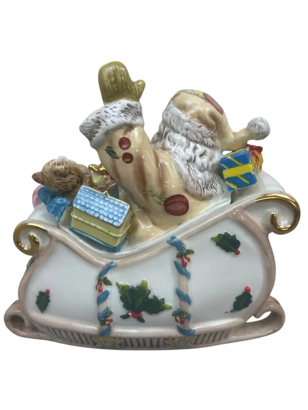 Waterford Holiday Heirlooms Georgian Santa Sleigh Ceramic Candy Jar Gold Rim Lid
